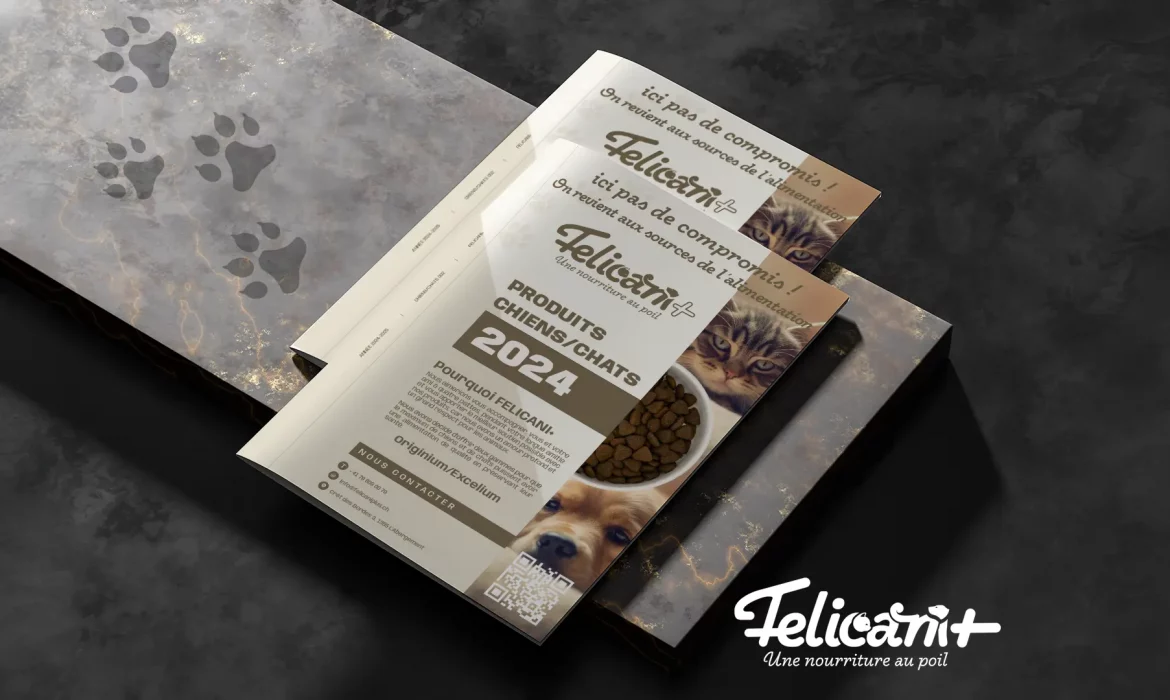 Une brochure prÃ©sente un vaste catalogue de produits alimentaires pour chiens et chats en 2024. La couverture prÃ©sente des images d'un chien et d'un chat avec un bol de nourriture pour animaux au centre, le tout sur un fond Ã  motif d'empreintes de pattes. Le logo Â« Felicani+ Â» est bien visible.