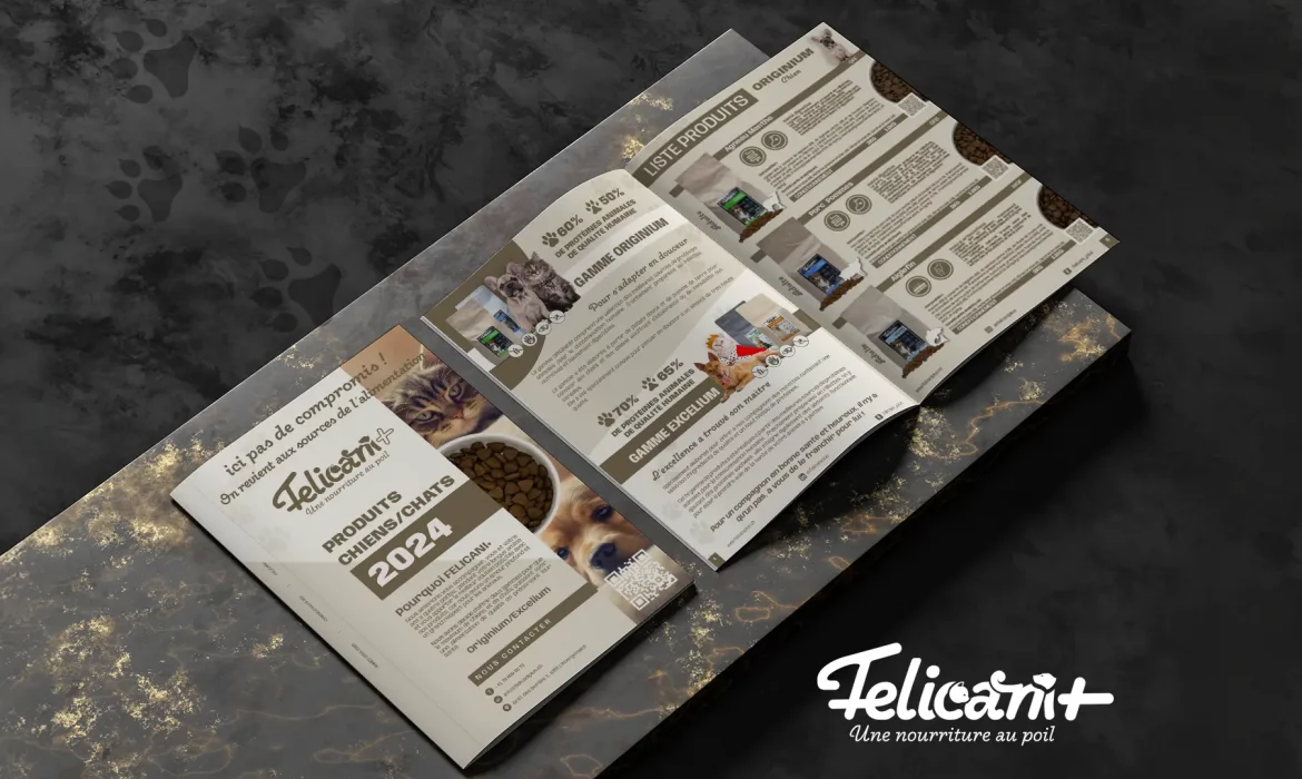 Trois brochures ouvertes prÃ©sentant des informations sur les produits d'alimentation pour chats Felicani+ pour l'annÃ©e 2024 ressemblent Ã  un catalogue Ã©lÃ©gant. Les pages prÃ©sentent des images de chats, des descriptions de produits et des informations nutritionnelles, le tout sur une surface sombre et marbrÃ©e.
