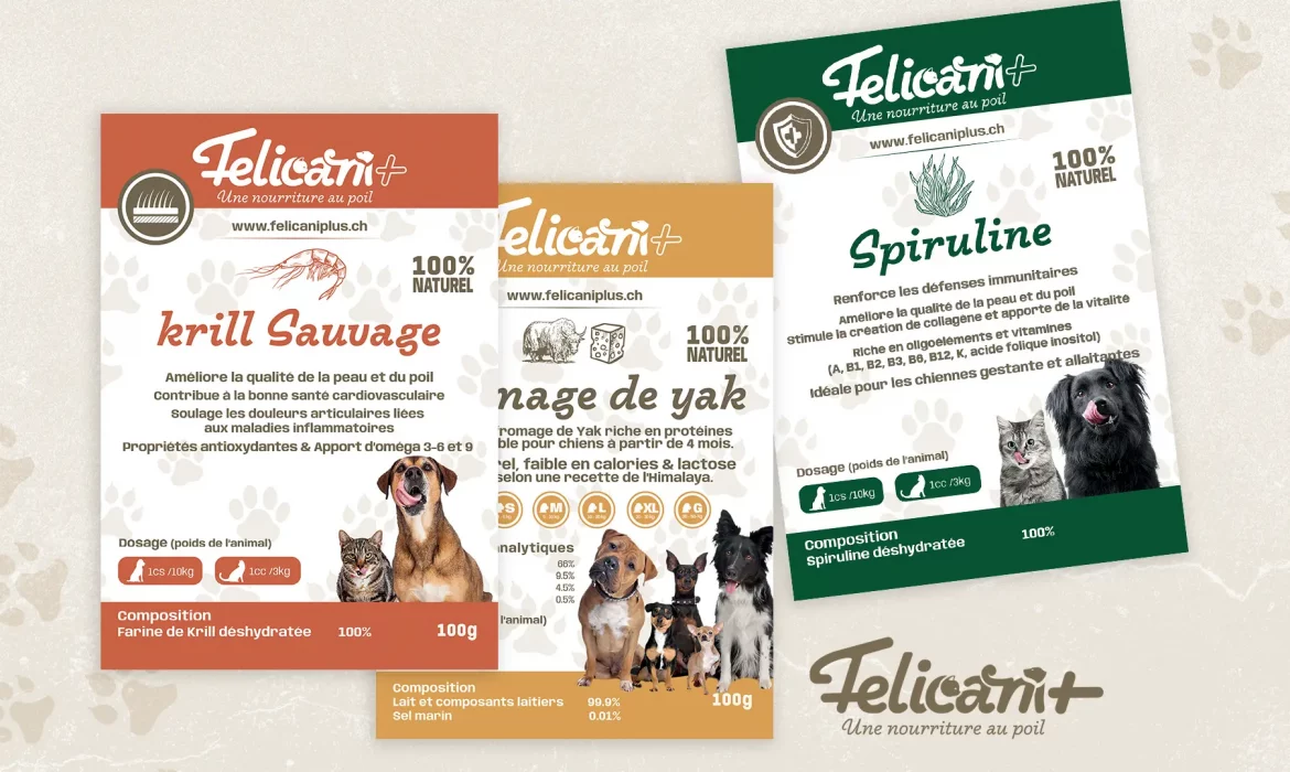 Une image prÃ©sentant trois dÃ©pliants de produits alimentaires pour animaux de compagnie. Les produits, Krill Sauvage, Cornage de Yak et Spiruline, sont prÃ©sentÃ©s avec des descriptions et des ingrÃ©dients dÃ©taillÃ©s. Chaque dÃ©pliant prÃ©sente des images de divers chiens et chats, le tout sous le nom de marque Felicani+ affichÃ© bien en Ã©vidence, mettant l'accent sur une communication claire.