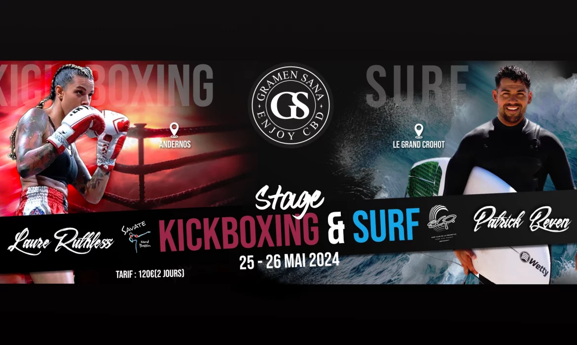 banniÃ¨re web pour un stage Ã©vÃ¨nementiel design avec 2 sportifs, kickboxing et surf organisÃ© par gramen sana