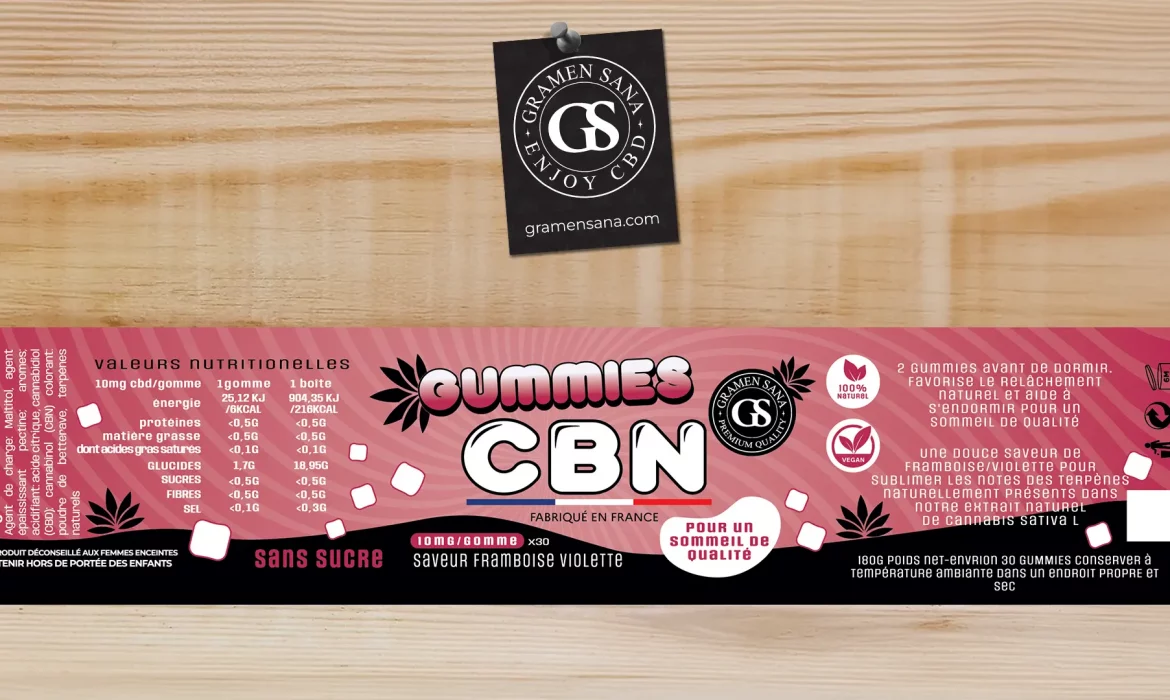 Une Ã©tiquette rectangulaire pour les bonbons est illustrÃ©e. Elle a un fond rose avec du texte blanc et noir, des valeurs nutritionnelles et de petits graphiques de bonbons. L'emballage indique que le produit est sans sucre, vÃ©gÃ©talien et fabriquÃ© en France. La saveur est framboise-violette. Une Ã©tiquette noire avec Â« Gramen Sana Â» est attachÃ©e en haut.