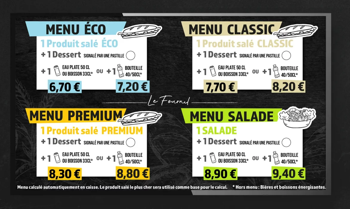 Un menu fond d'Ã©cran TV prÃ©sentant quatre options de repas : Menu Ãco (6,70 â¬), Menu Classique (7,20 â¬), Menu Premium (8,30 â¬) et Menu Salade (8,90 â¬)