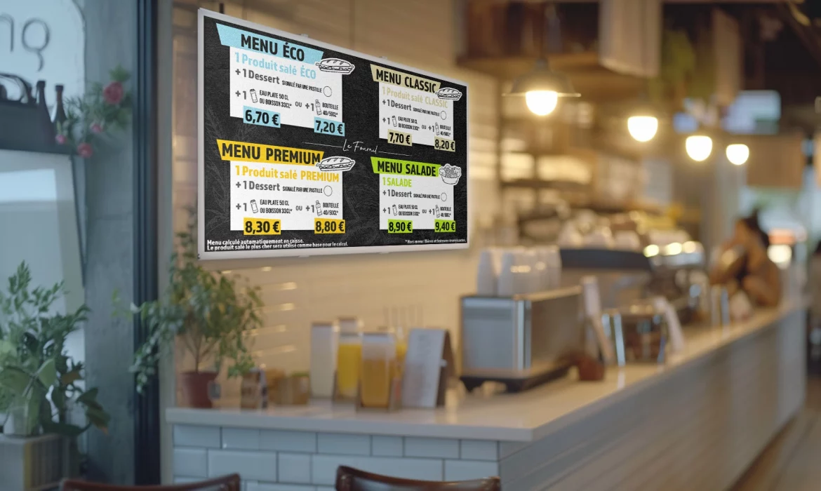 Un cafÃ© dÃ©contractÃ© avec un menu numÃ©rique affichÃ© sur un Ã©cran au-dessus du comptoir. Le menu propose quatre options : Menu Ãco Ã  5,70 â¬, Menu Classique Ã  7,20 â¬, Menu Premium Ã  8,30 â¬ et Menu Salade Ã  8,30 â¬. Le comptoir propose diverses boissons et des lumiÃ¨res pendent du plafond, crÃ©ant une ambiance chaleureuse.
