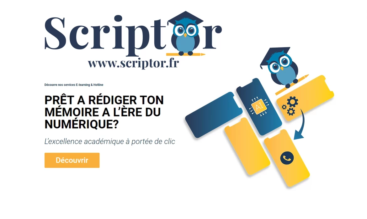 logo scriptor.fr et illustration web de mobile avec un hiboux